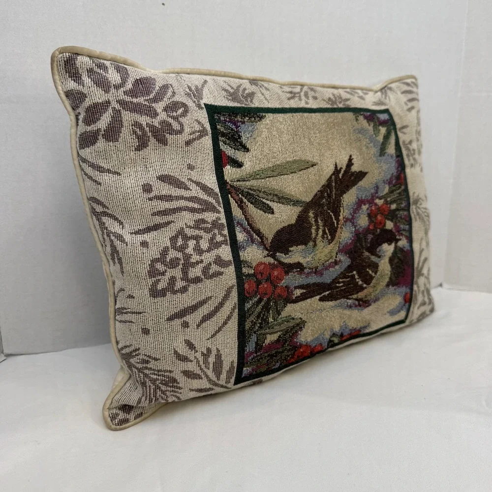 Vintage Woven Tapestry Bird Throw Pillow Winter Berries Rectangular Accent